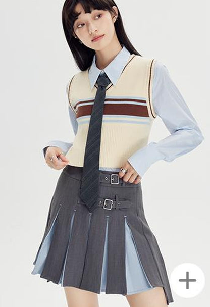 DIDDI MODA Retro Striped Knit Vest Slim Fit Long Hem