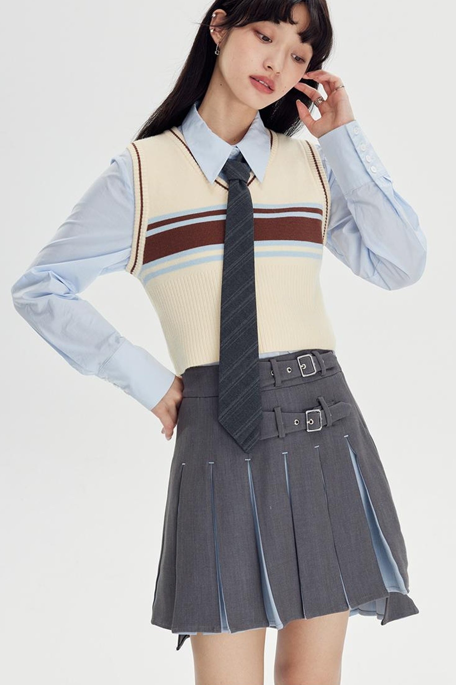 DIDDI MODA Retro Striped Knit Vest Slim Fit Long Hem