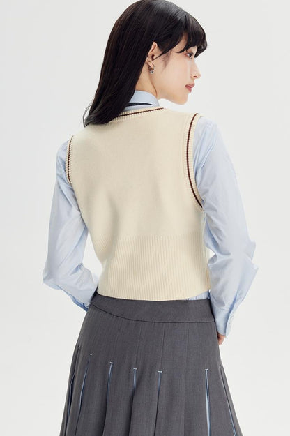 DIDDI MODA Retro Striped Knit Vest Slim Fit Long Hem