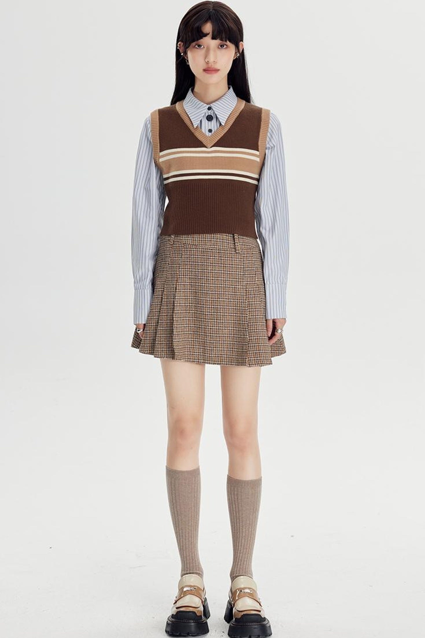 DIDDI MODA Retro Striped Knit Vest Slim Fit Long Hem