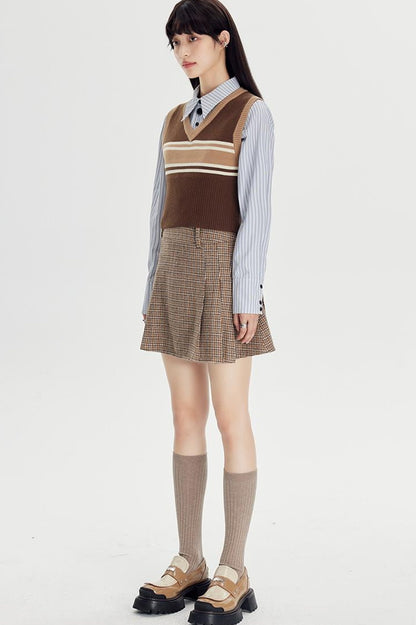 DIDDI MODA Retro Striped Knit Vest Slim Fit Long Hem