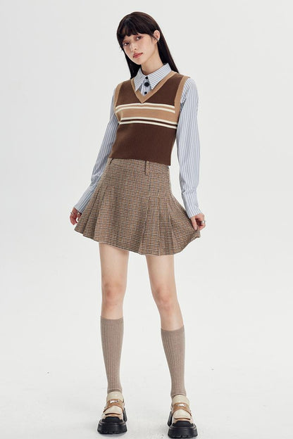 DIDDI MODA Retro Striped Knit Vest Slim Fit Long Hem