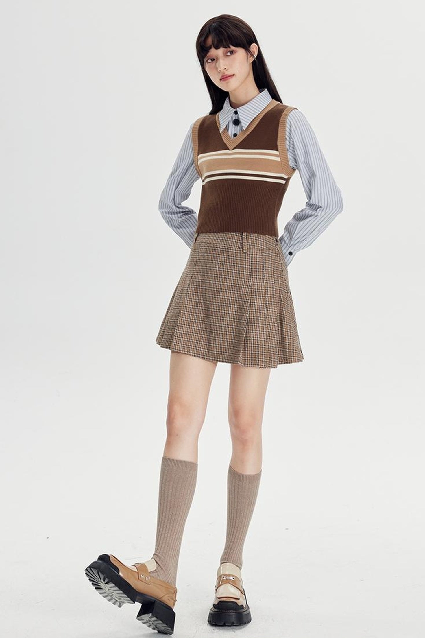 DIDDI MODA Retro Striped Knit Vest Slim Fit Long Hem