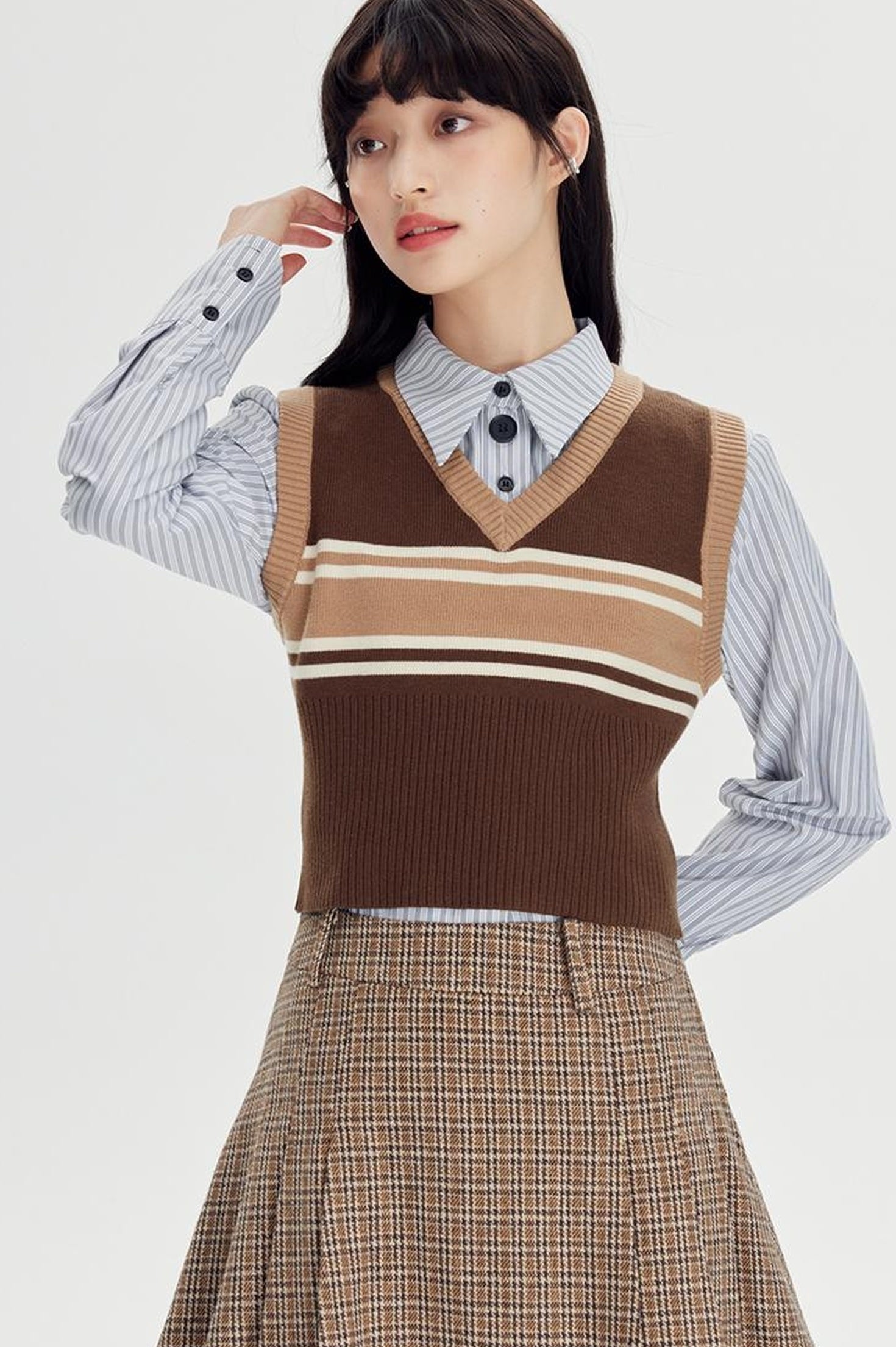 DIDDI MODA Retro Striped Knit Vest Slim Fit Long Hem