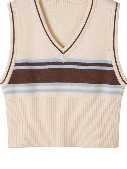 DIDDI MODA Retro Striped Knit Vest Slim Fit Long Hem