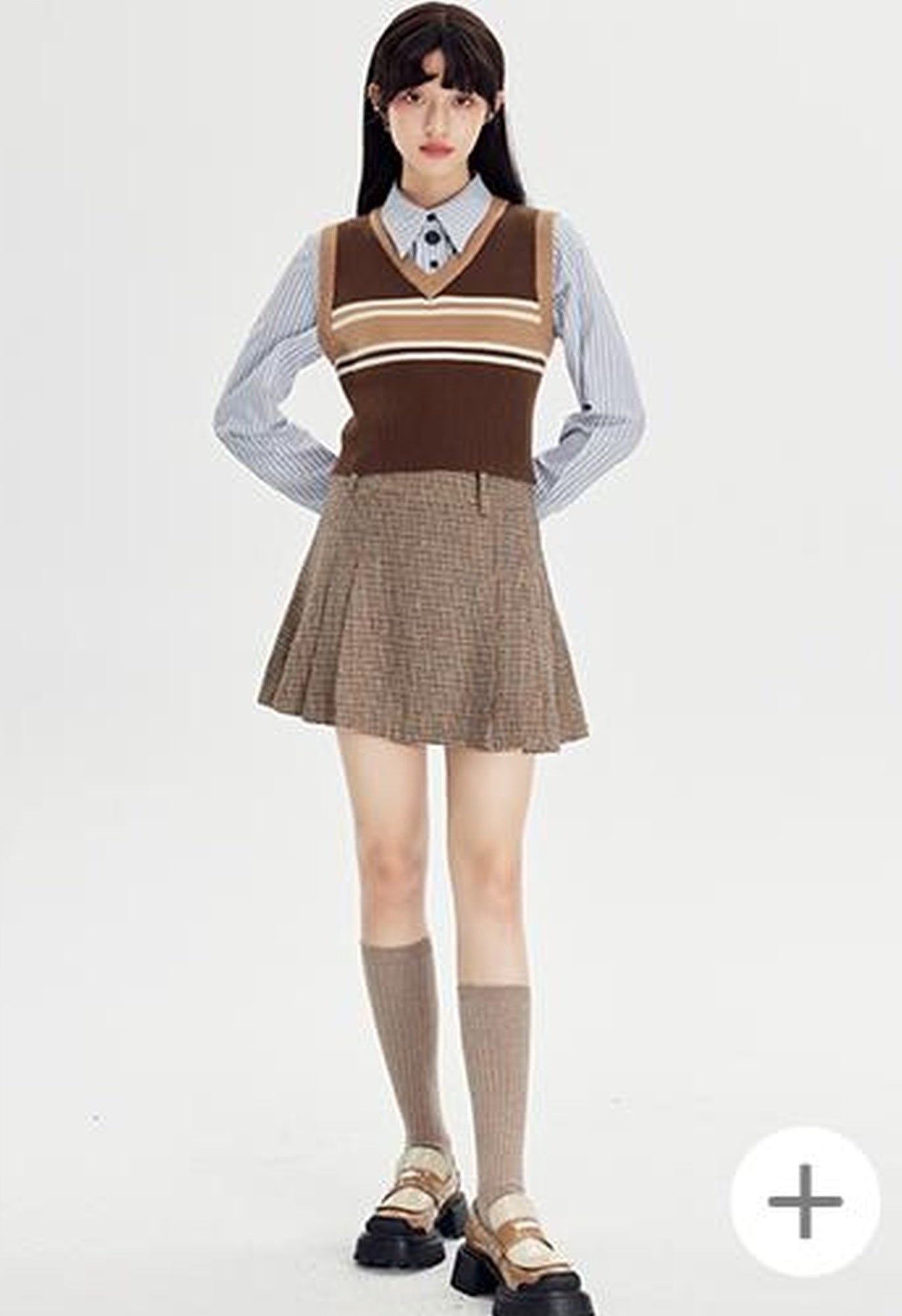 DIDDI MODA Retro Striped Knit Vest Slim Fit Long Hem