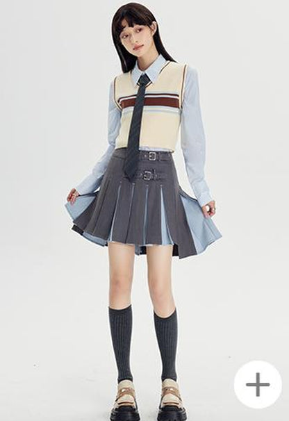 DIDDI MODA Retro Striped Knit Vest Slim Fit Long Hem