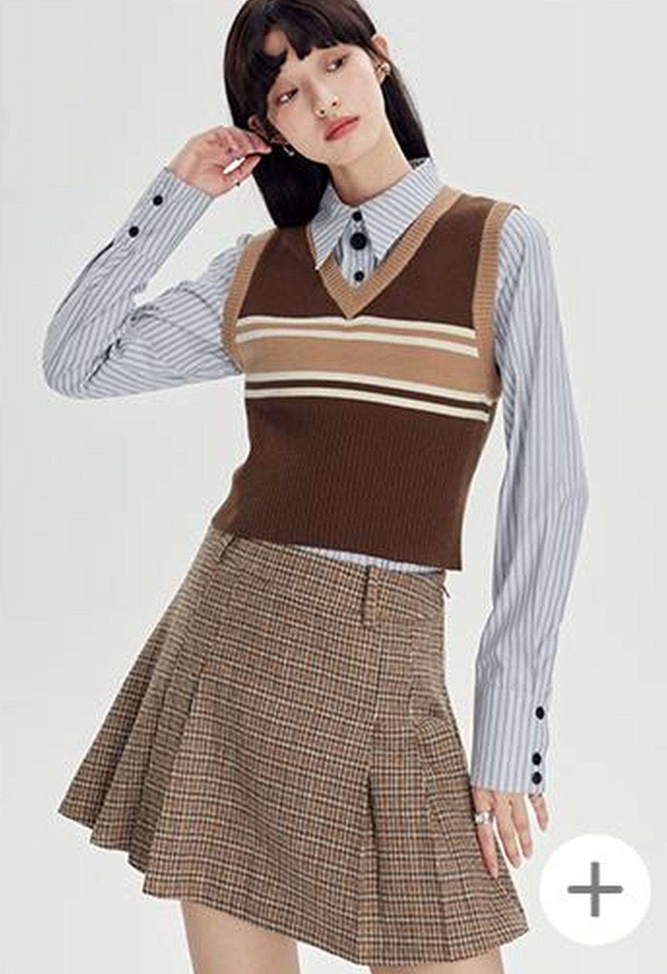 DIDDI MODA Retro Striped Knit Vest Slim Fit Long Hem