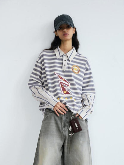 Peoplesense Retro Striped Polo Collar Long Sleeve Loose Fit T Shirt