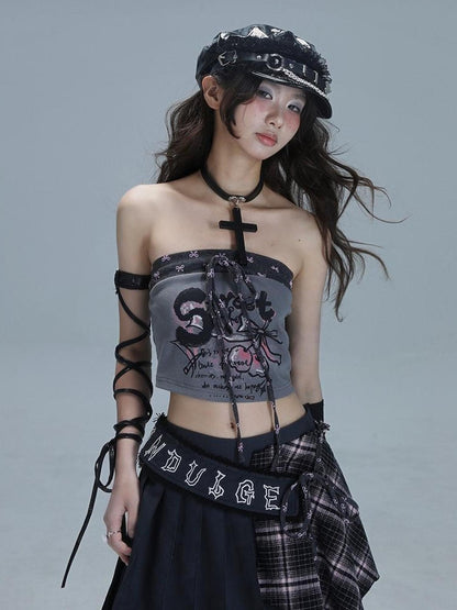 WSW WUSHENWU Retro Tape Print Crop Top