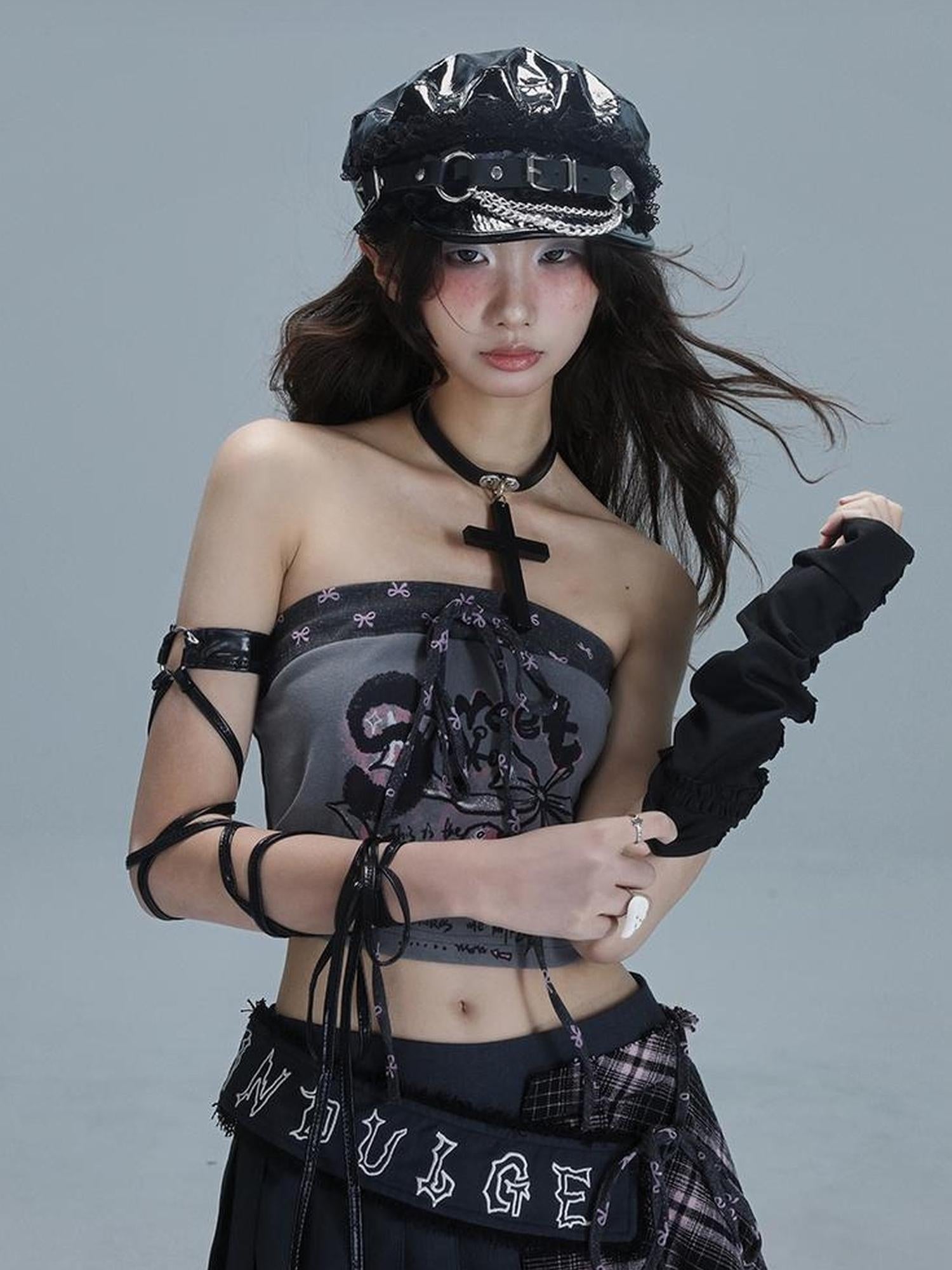 WSW WUSHENWU Retro Tape Print Crop Top