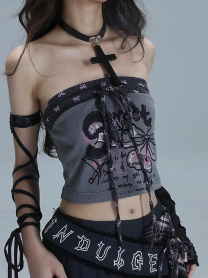 WSW WUSHENWU Retro Tape Print Crop Top