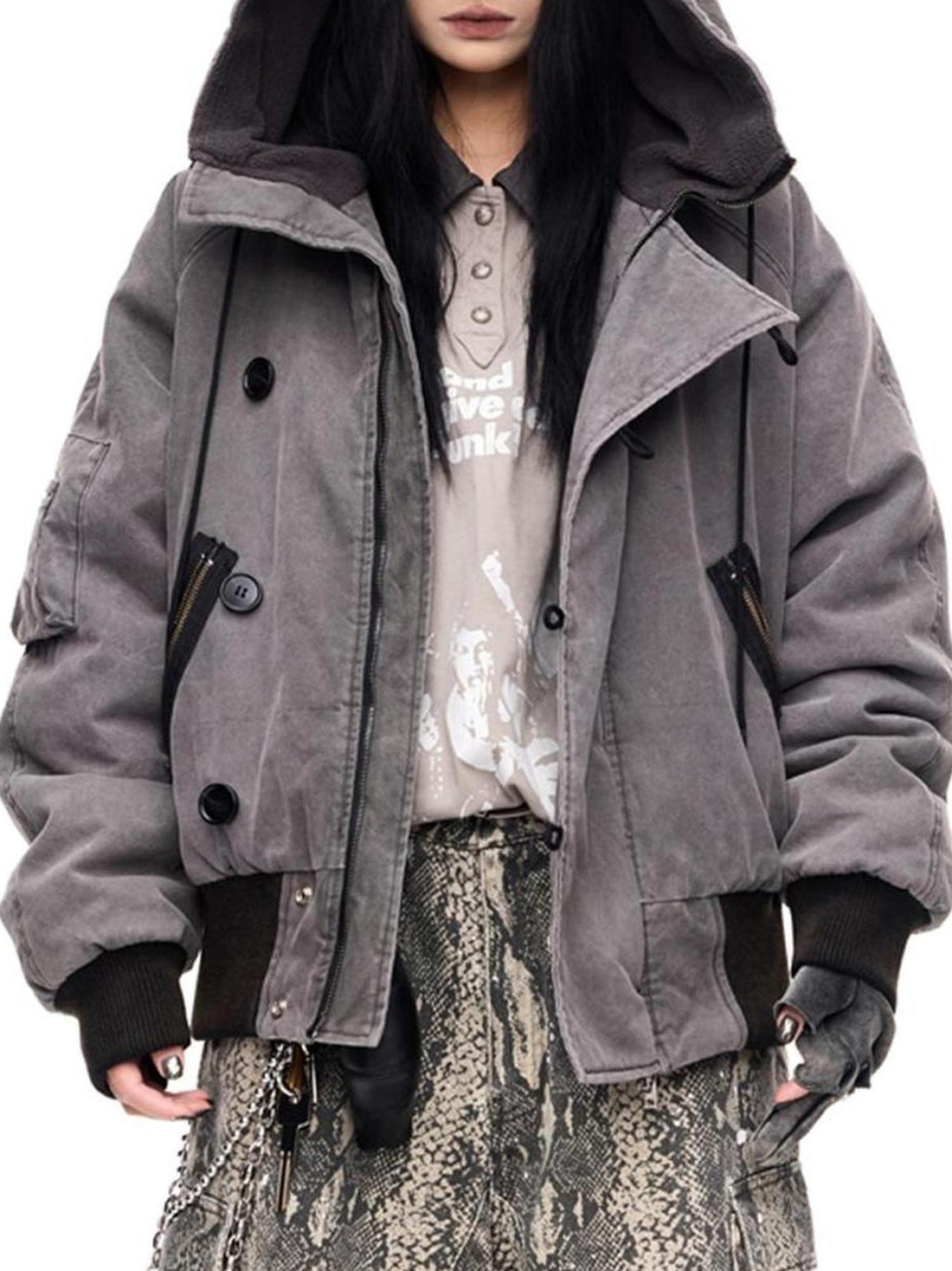 Peoplesense Retro Unisex Washed Graphite Hooded Jacket