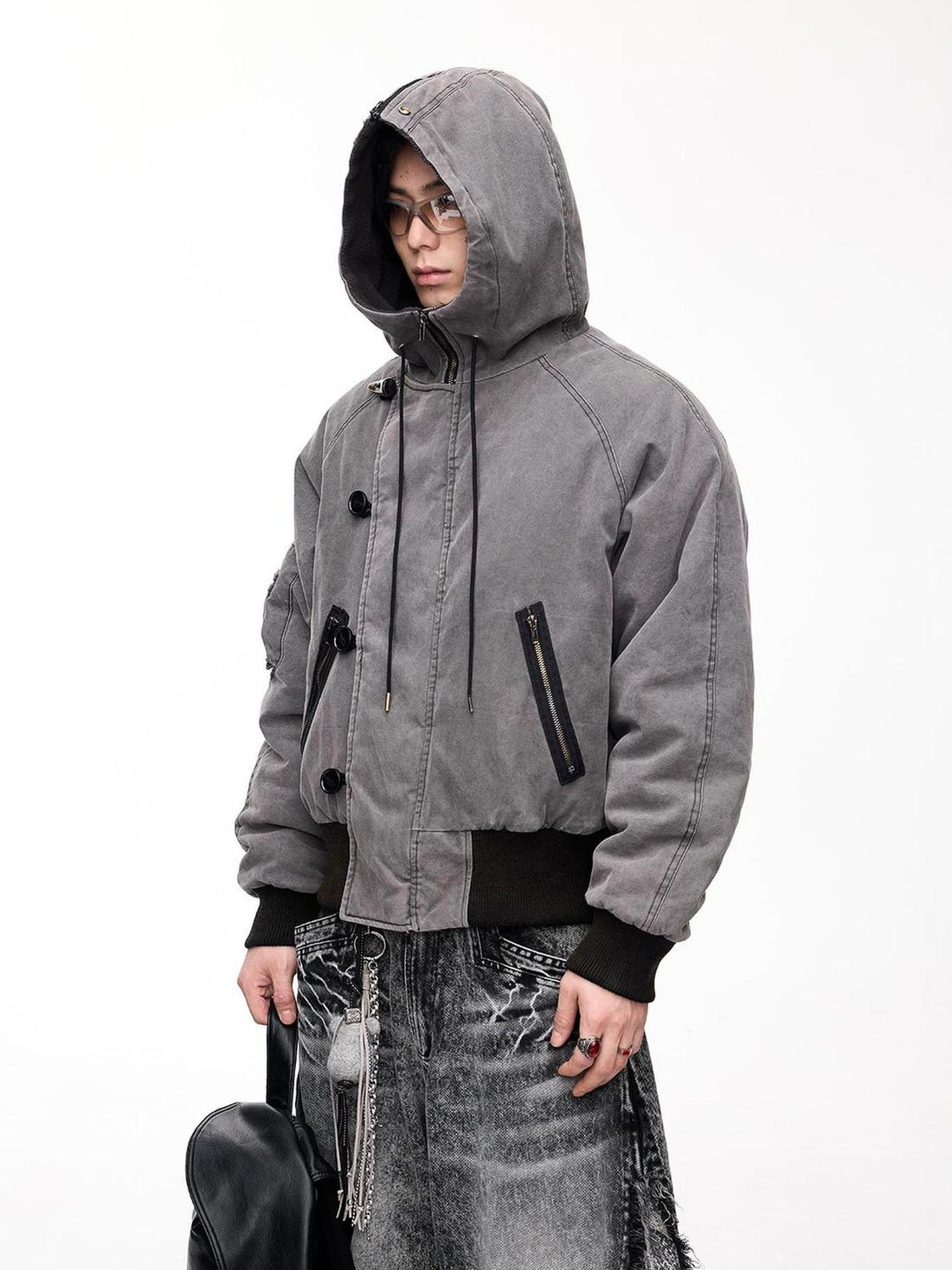 Peoplesense Retro Unisex Washed Graphite Hooded Jacket