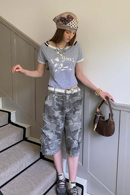 DIDDI MODA Retro Washed Camo Cropped Pants