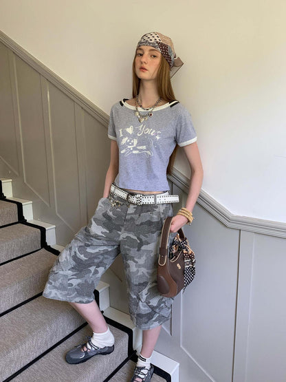 DIDDI MODA Retro Washed Camo Cropped Pants