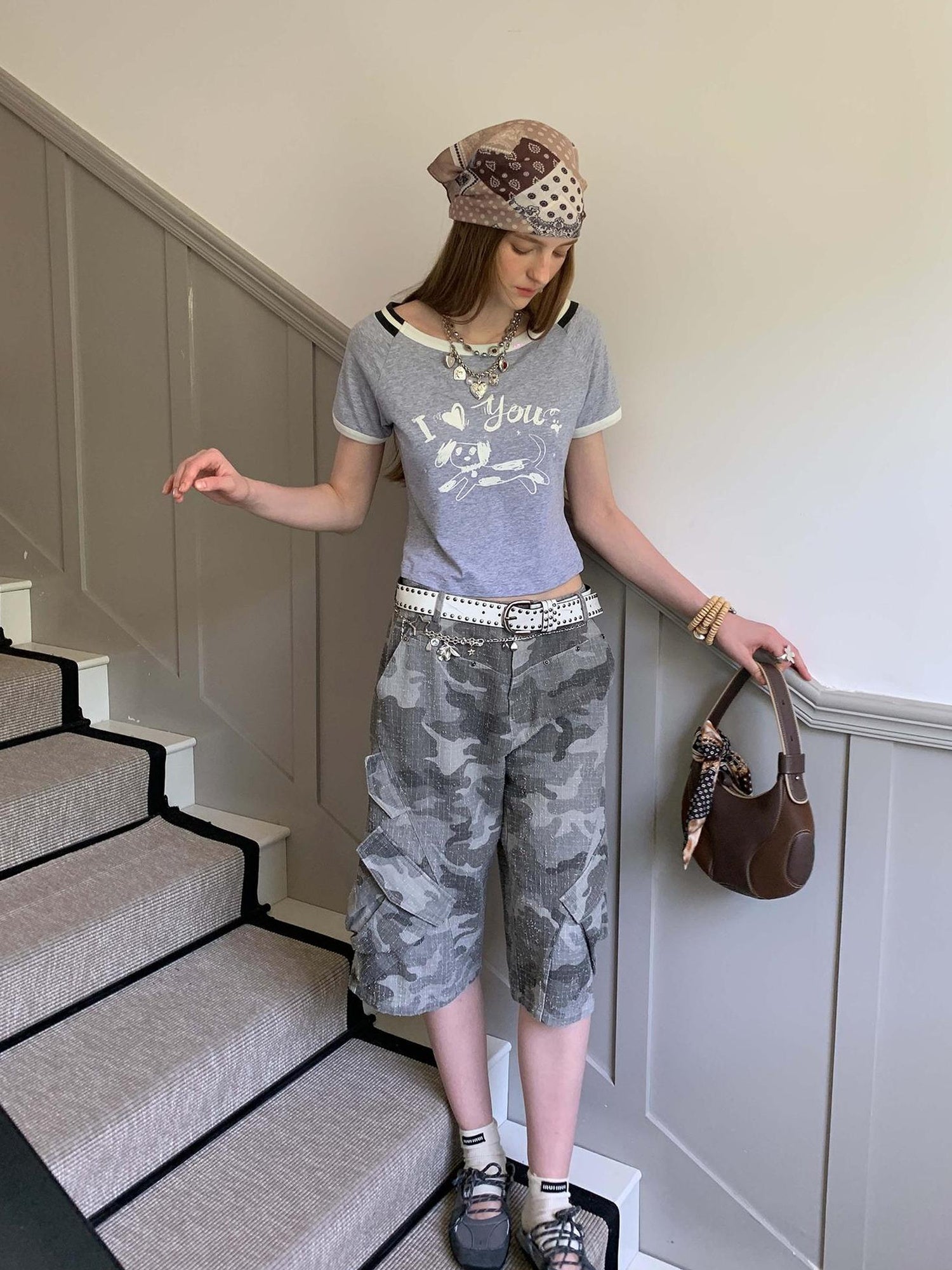 DIDDI MODA Retro Washed Camo Cropped Pants