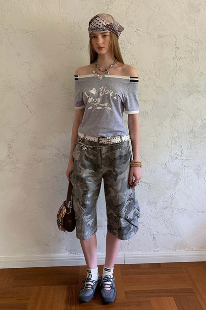 DIDDI MODA Retro Washed Camo Cropped Pants