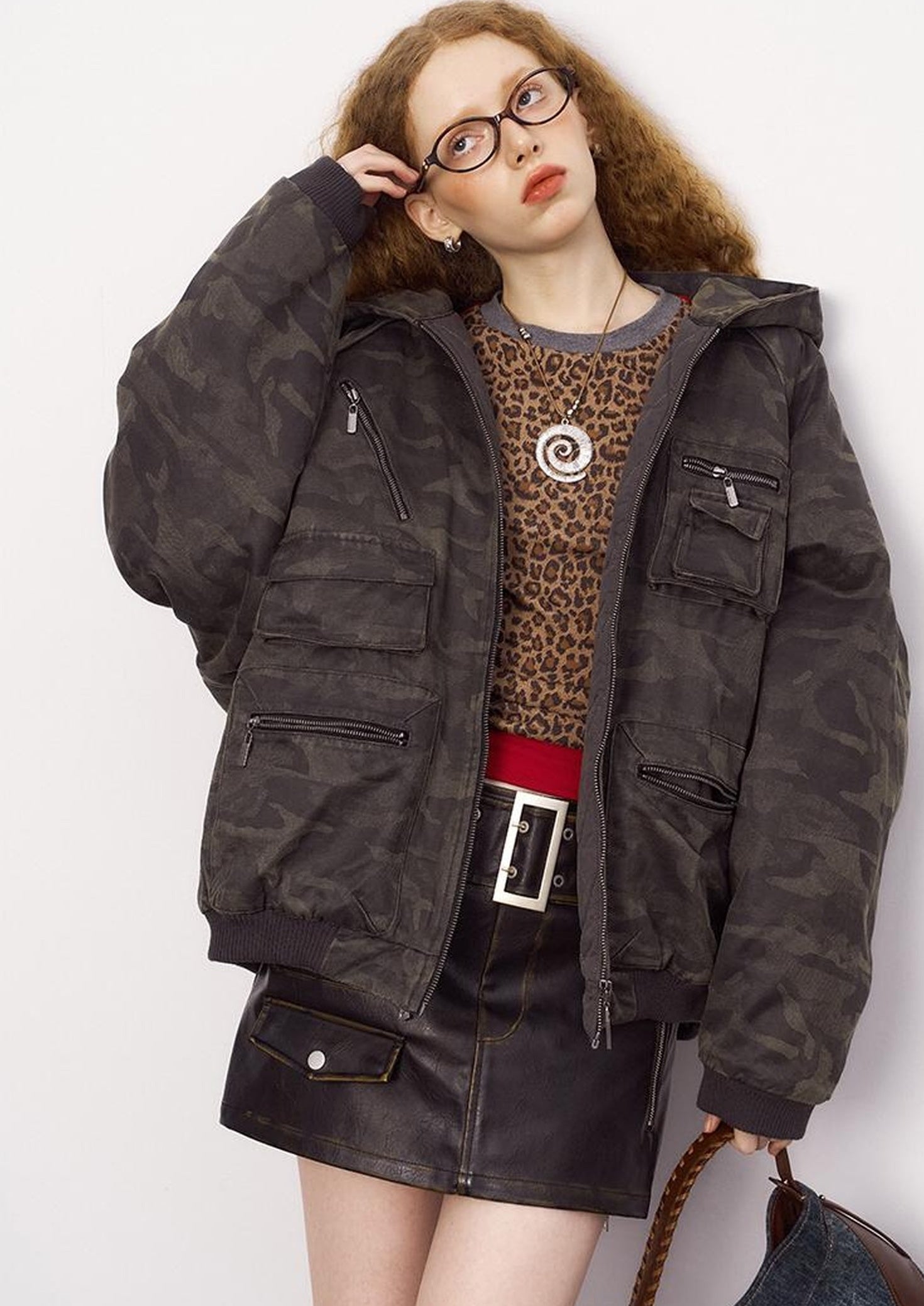 DIDDI MODA Retro Washed Camo Hooded Utility Jacket