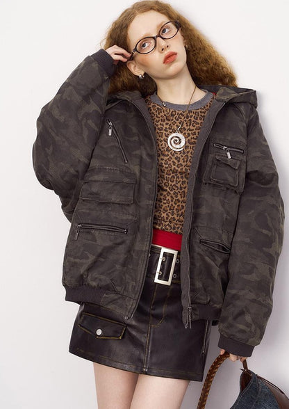 DIDDI MODA Retro Washed Camo Hooded Utility Jacket