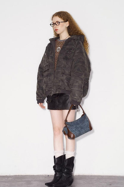 DIDDI MODA Retro Washed Camo Hooded Utility Jacket