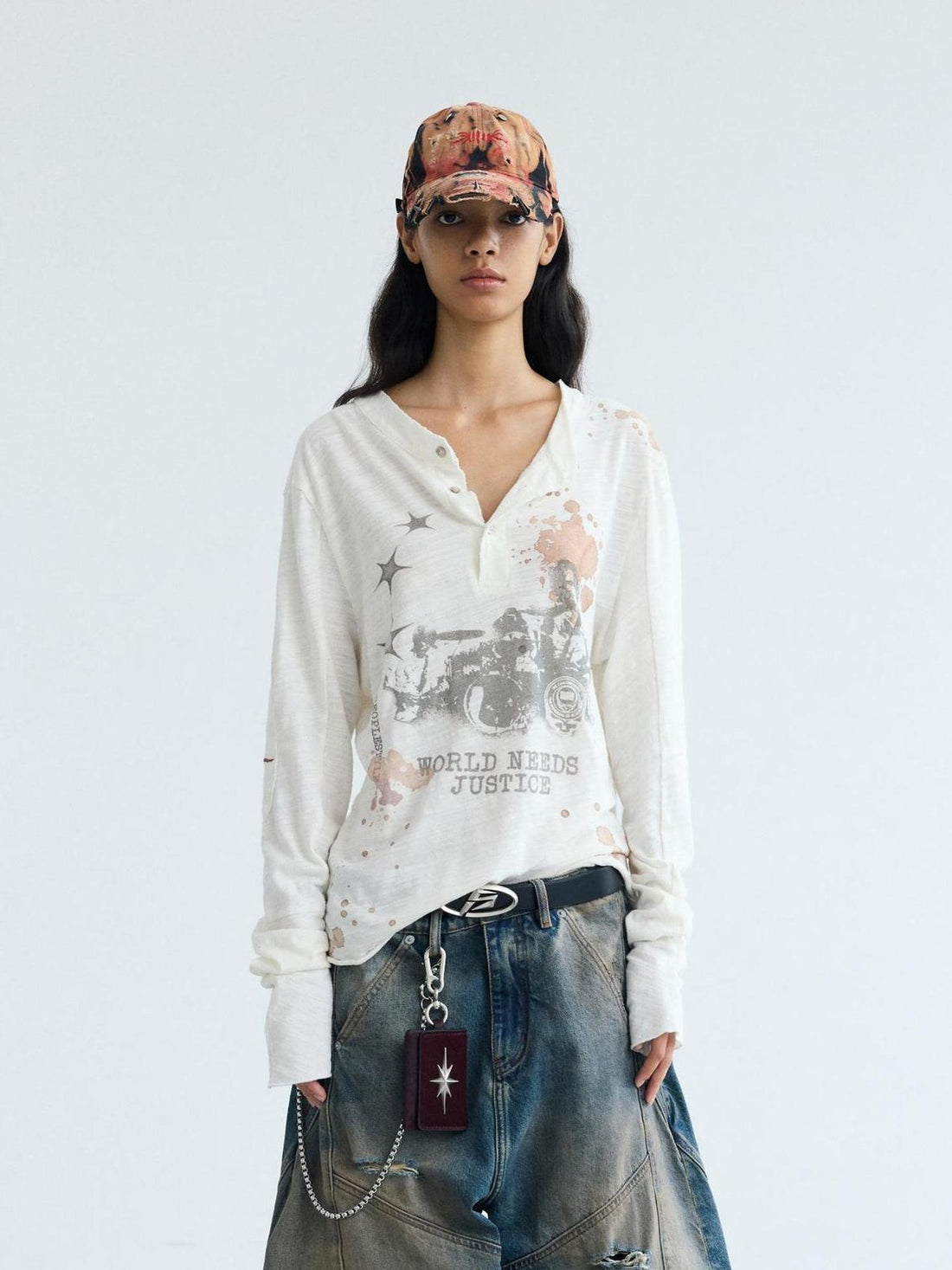 Peoplesense Retro White Ink Print Washed Loose Fit Long Sleeve Tee