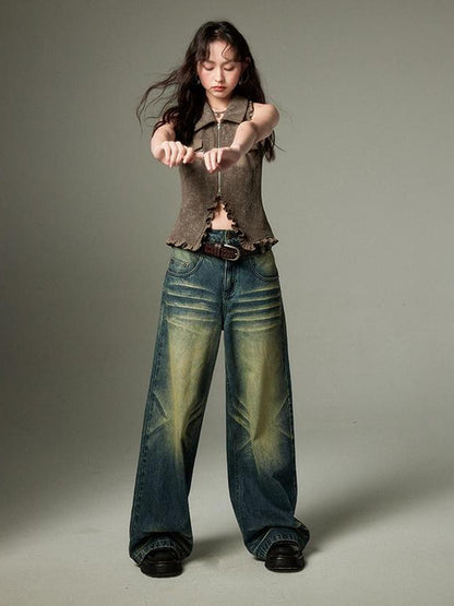 DIDDI MODA Retro Wide Leg Denim Jeans With Cat Whisker Wash