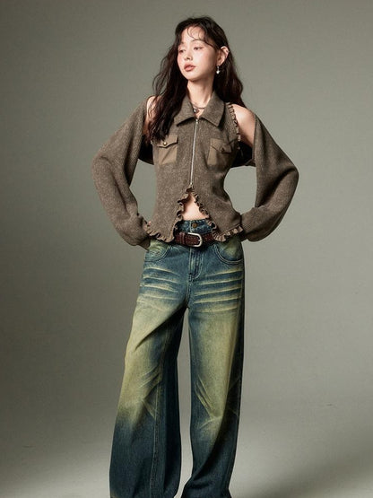DIDDI MODA Retro Wide Leg Denim Jeans With Cat Whisker Wash