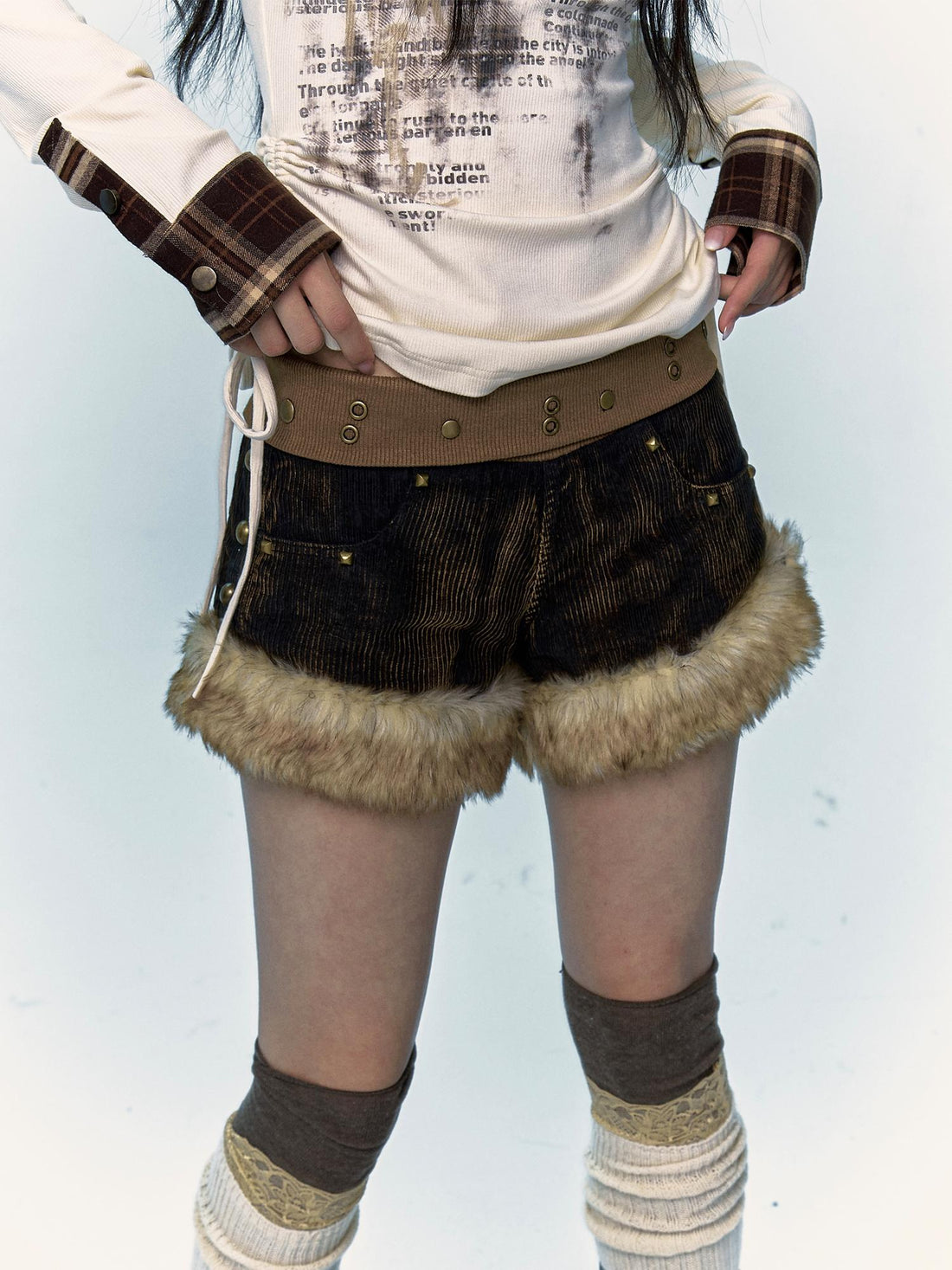 Retro Y2K Shibuya Fluffy Patchwork A-Line Corduroy Shorts