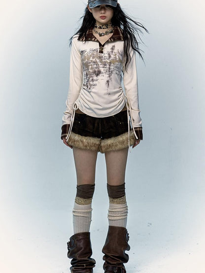 Retro Y2K Shibuya Fluffy Patchwork A-Line Corduroy Shorts