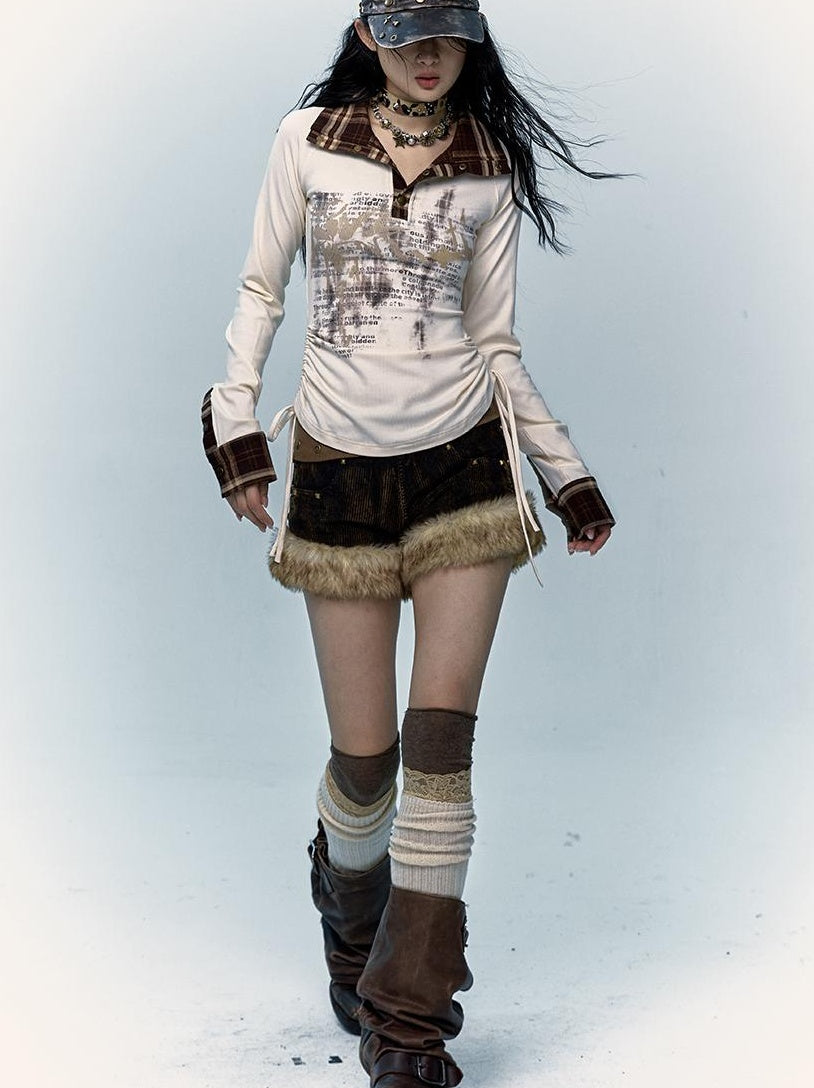 Retro Y2K Shibuya Fluffy Patchwork A-Line Corduroy Shorts