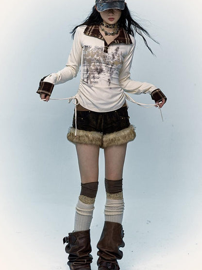 Retro Y2K Shibuya Fluffy Patchwork A-Line Corduroy Shorts