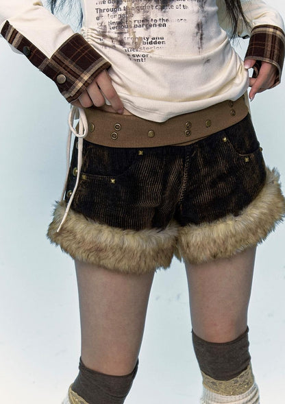 Retro Y2K Shibuya Fluffy Patchwork A-Line Corduroy Shorts