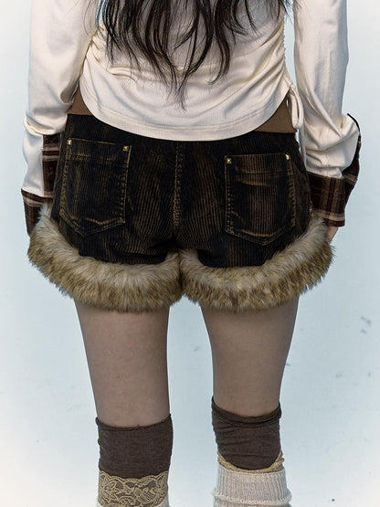 Retro Y2K Shibuya Fluffy Patchwork A-Line Corduroy Shorts