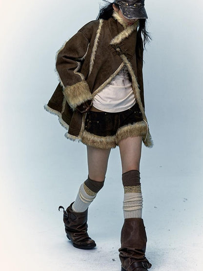 Retro Y2K Shibuya Fluffy Patchwork A-Line Corduroy Shorts