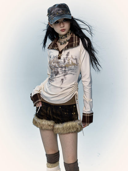 Retro Y2K Shibuya Fluffy Patchwork A-Line Corduroy Shorts