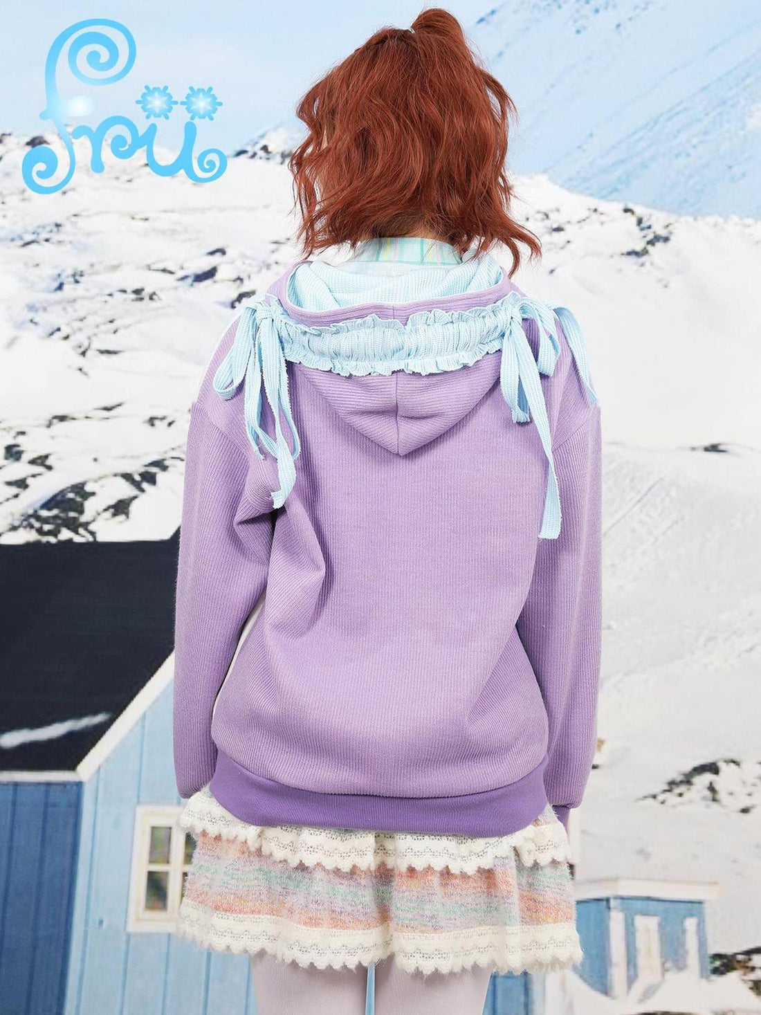 Frufru Gulu Reversible Contrast Hoodie Winter Snow Farm Print Loose Fit