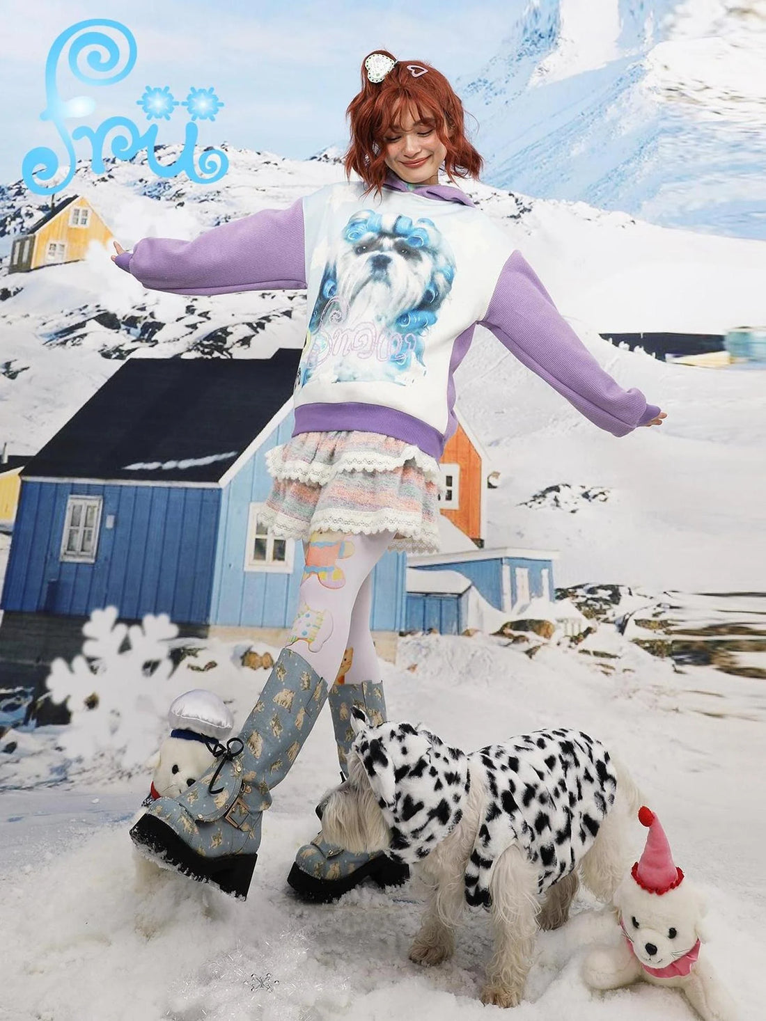 Reversible Contrast Hoodie Winter Snow Farm Print Loose Fit