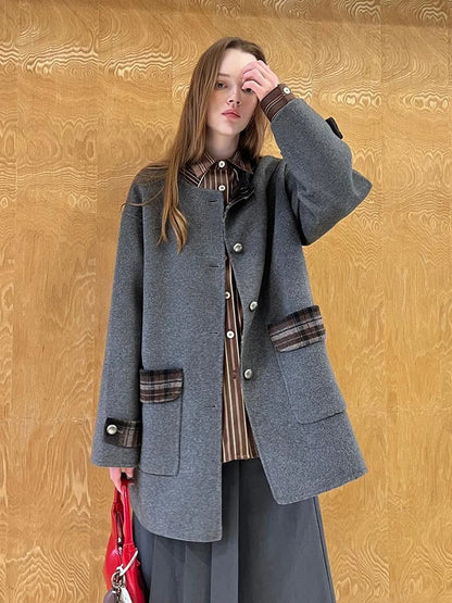 Reversible Plaid Wool Coat Dual Wear Vintage Style