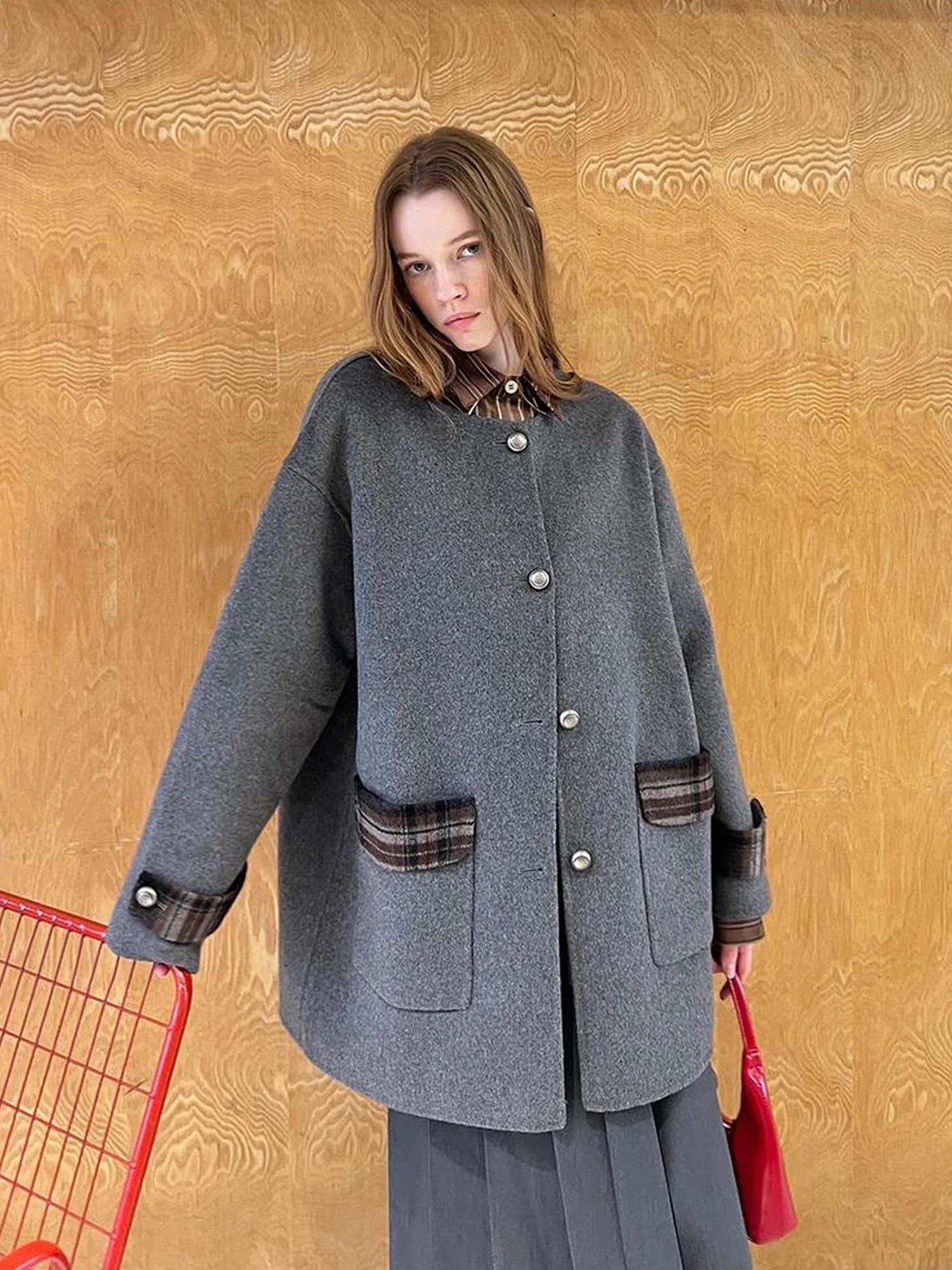 Reversible Plaid Wool Coat Dual Wear Vintage Style