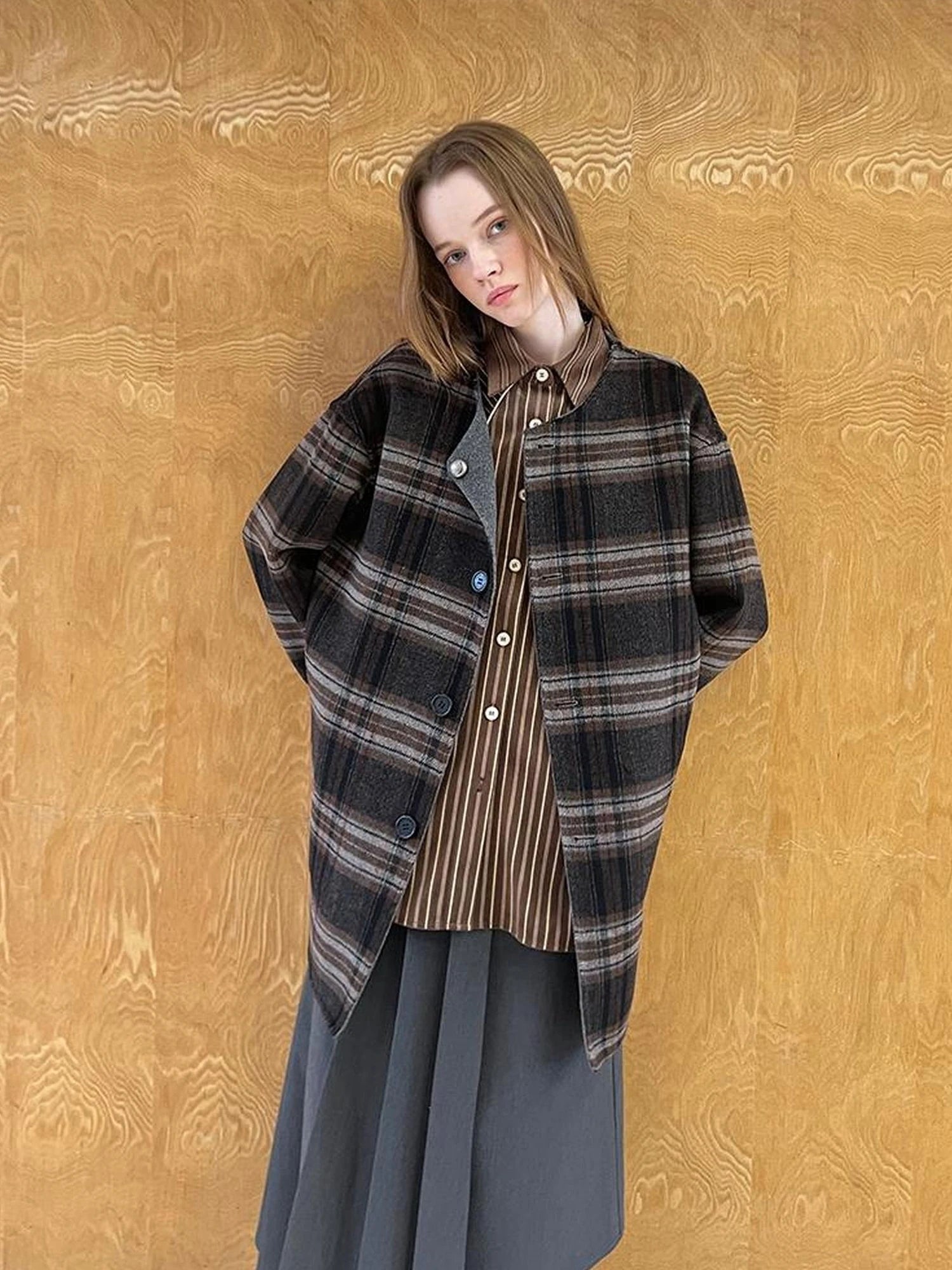 Reversible Plaid Wool Coat Dual Wear Vintage Style