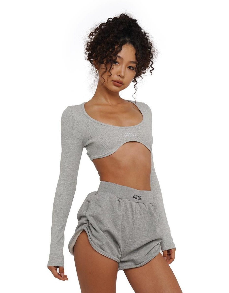 Ribbed Crop Long Sleeve Top  Basic Fit Trendy Chic