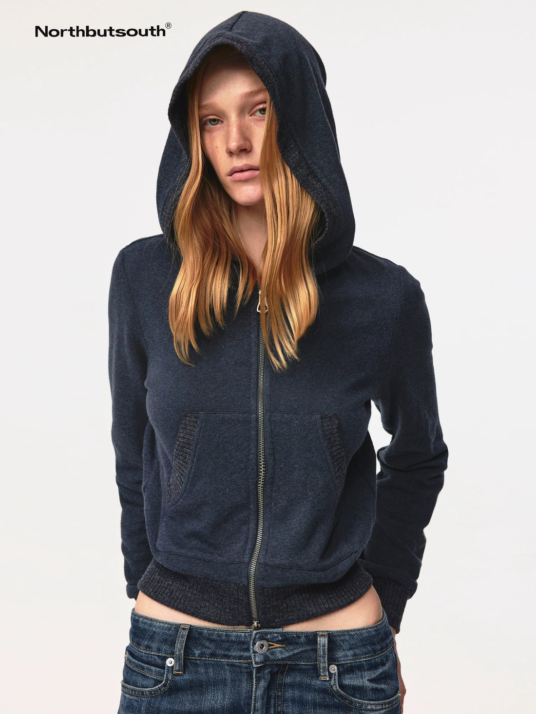 Ribbed Knit Trim Dual Zip Hooded Crop Jacket