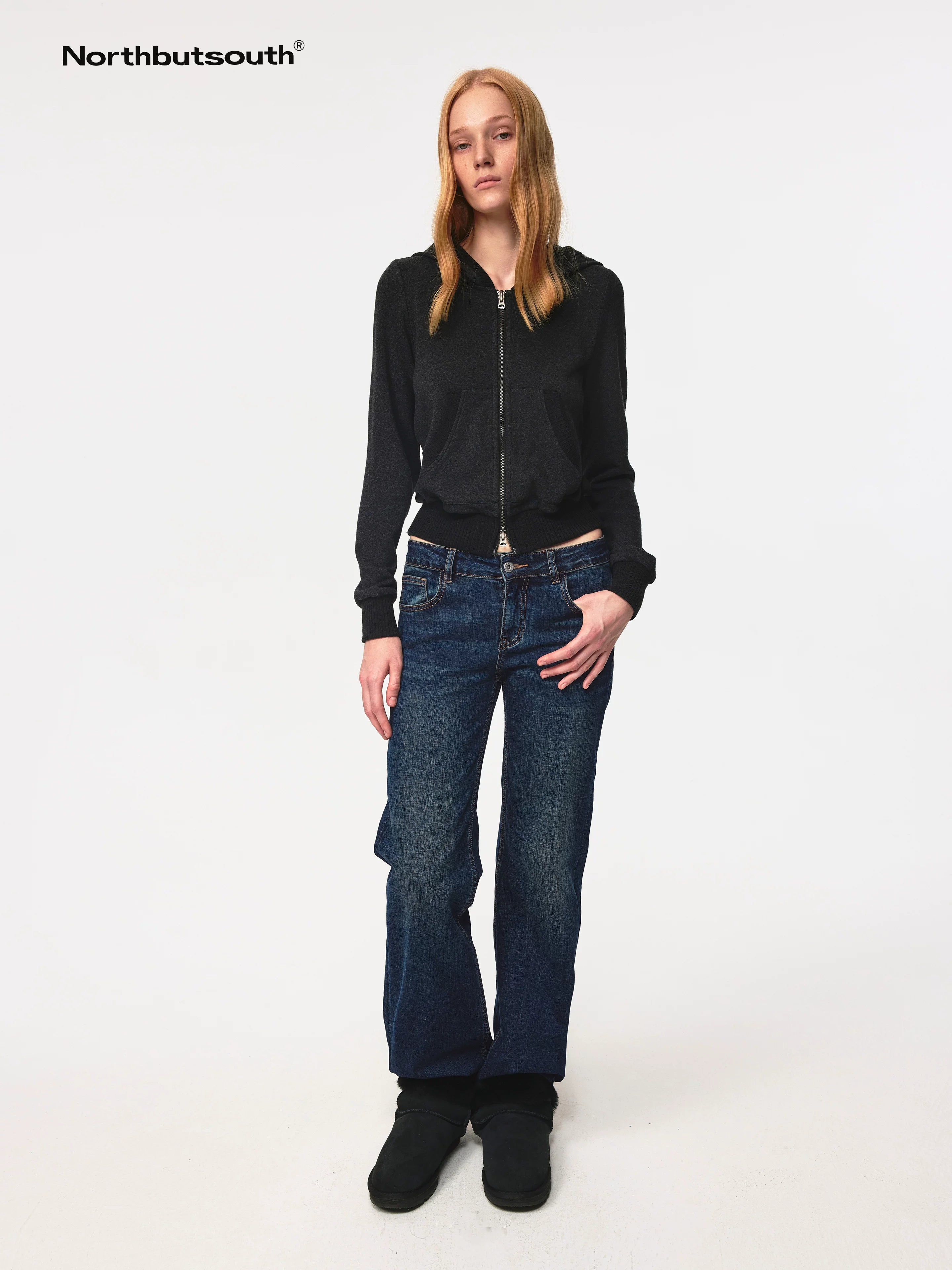 Ribbed Knit Trim Dual Zip Hooded Crop Jacket