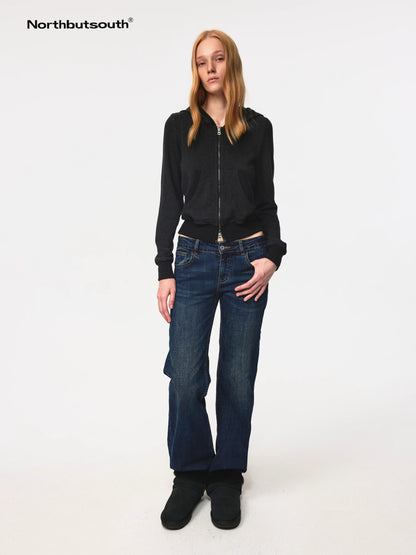 Ribbed Knit Trim Dual Zip Hooded Crop Jacket