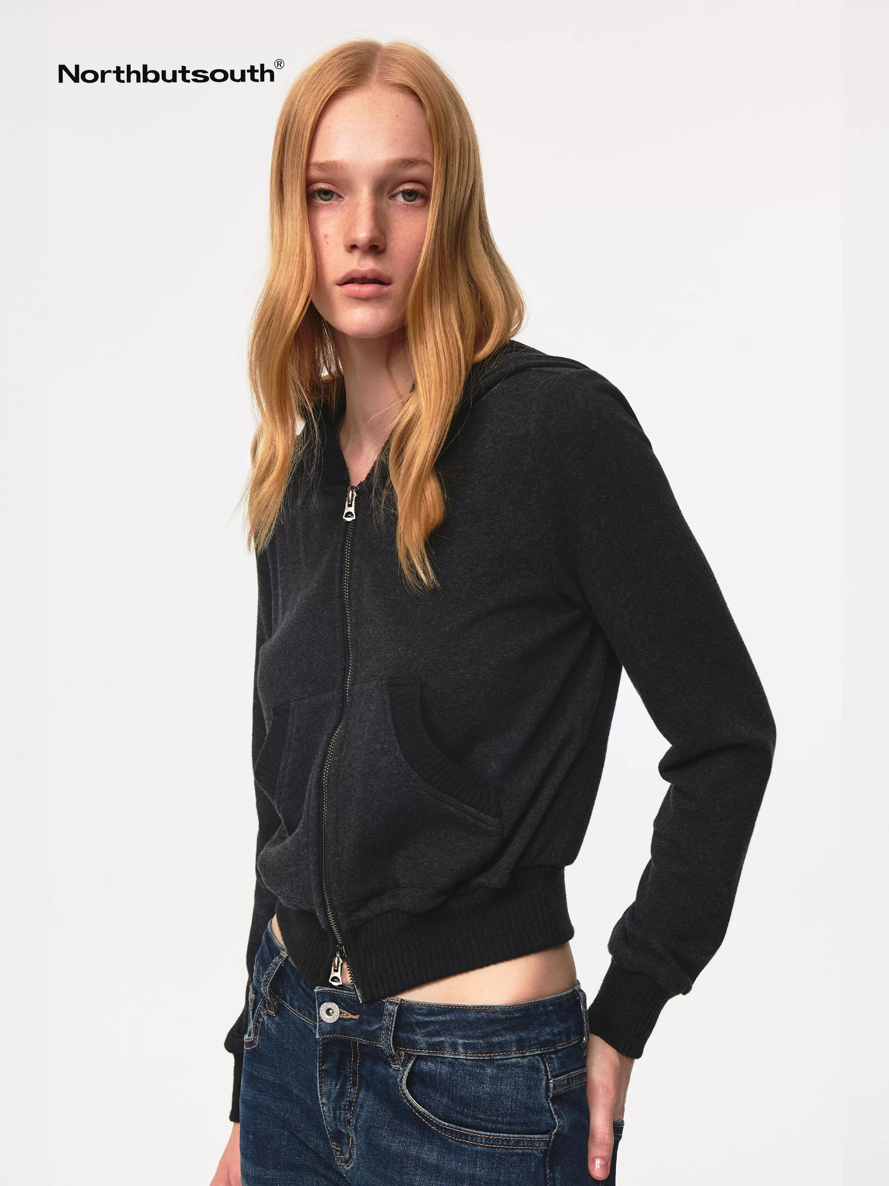 Ribbed Knit Trim Dual Zip Hooded Crop Jacket
