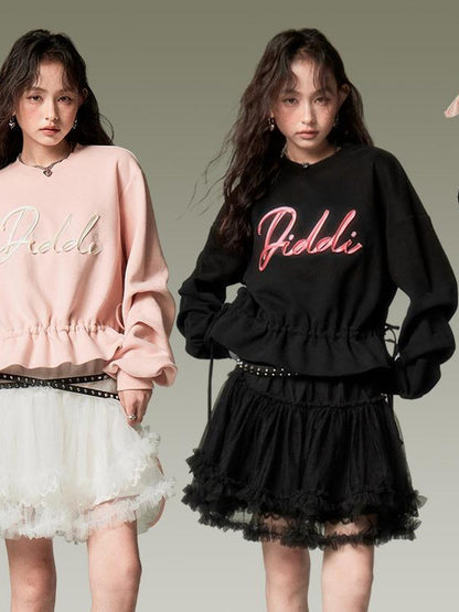 DIDDI MODA Ribbon Embroidered Cropped Sweatshirt With Stacked Sleeves