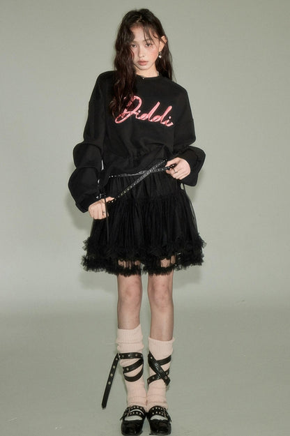 DIDDI MODA Ribbon Embroidered Cropped Sweatshirt With Stacked Sleeves