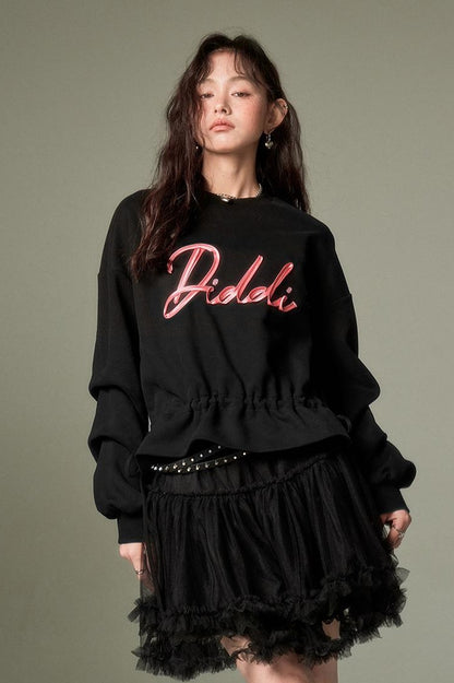 DIDDI MODA Ribbon Embroidered Cropped Sweatshirt With Stacked Sleeves