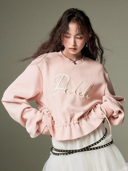 DIDDI MODA Ribbon Embroidered Cropped Sweatshirt With Stacked Sleeves